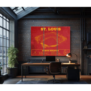 St Louis Cardinals - Busch Stadium Print as a 3 panel canvas wrap in an industrial loft office
