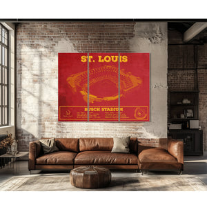 St Louis Cardinals - Busch Stadium Print as a 3 panel canvas wrap above a leather sofa