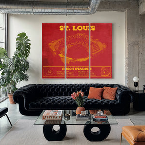 St Louis Cardinals - Busch Stadium Print as a 3 panel canvas wrap in a modern living room