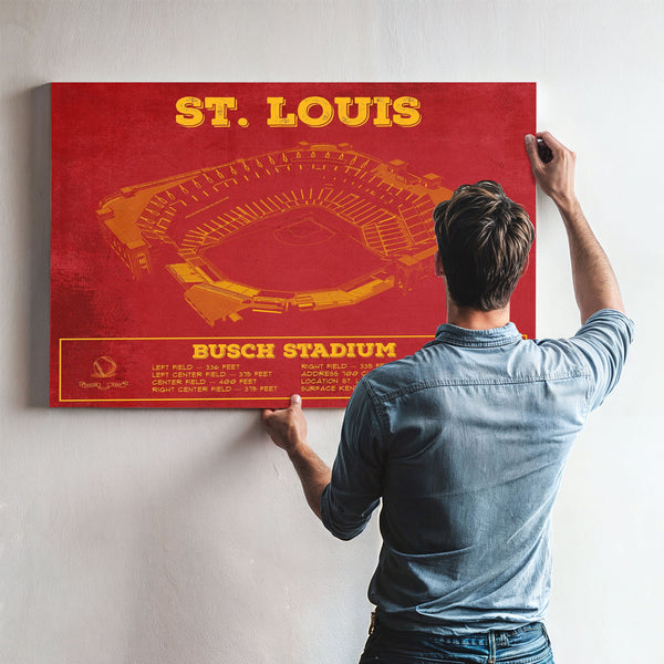 St Louis Cardinals - Busch Stadium Print framed in Vintage Black above a mid-century record console