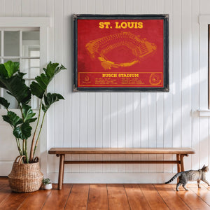 St Louis Cardinals - Busch Stadium Print framed in Vintage Black above a rustic console table