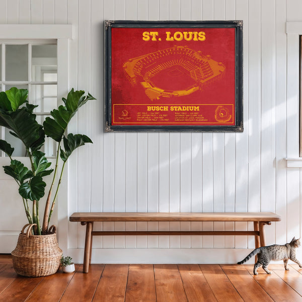 St Louis Cardinals - Busch Stadium Print framed in Vintage Black above a rustic console table