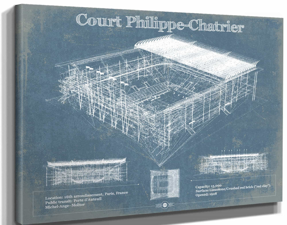 14" x 11" / Stretched Canvas Wrap Cutler West Stade Court Philippe Chatrier - Roland Garros - Vintage France Tennis Blueprint Art