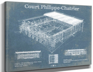14" x 11" / Stretched Canvas Wrap Cutler West Stade Court Philippe Chatrier - Roland Garros - Vintage France Tennis Blueprint Art
