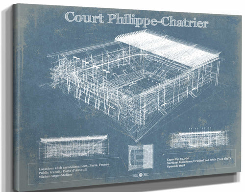 14" x 11" / Stretched Canvas Wrap Cutler West Stade Court Philippe Chatrier - Roland Garros - Vintage France Tennis Blueprint Art