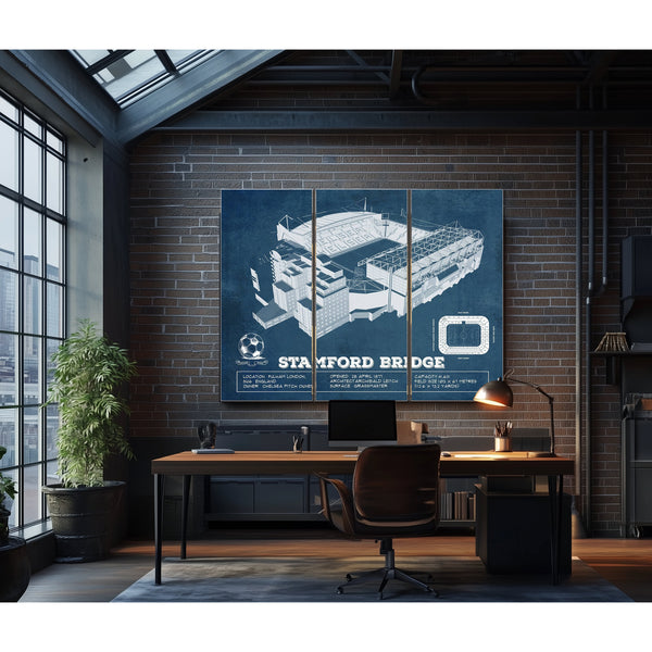 Stamford Bridge Chelsea FC European Football Soccer Stadium Print as a 3 panel canvas wrap in an industrial loft office