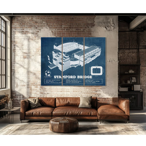 Stamford Bridge Chelsea FC European Football Soccer Stadium Print as a 3 panel canvas wrap above a leather sofa