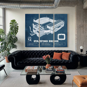Stamford Bridge Chelsea FC European Football Soccer Stadium Print as a 3 panel canvas wrap in a modern living room