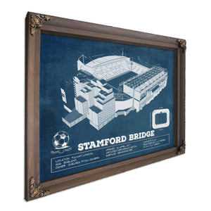 Stamford Bridge Chelsea FC European Football Soccer Stadium Print in a Bourbon stained wood frame with antique gold corners