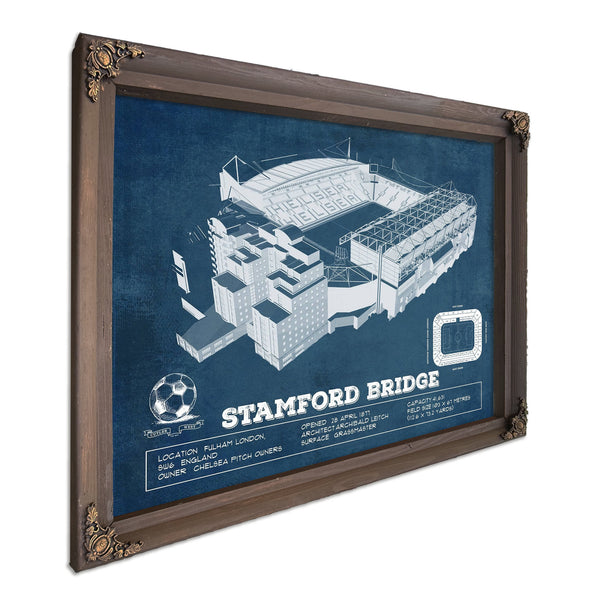 Stamford Bridge Chelsea FC European Football Soccer Stadium Print in a Bourbon stained wood frame with antique gold corners