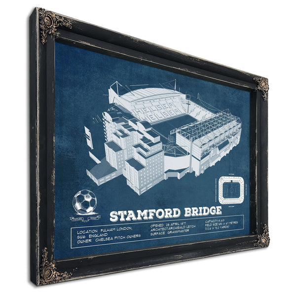 Stamford Bridge Chelsea FC European Football Soccer Stadium Pri in a distressed Vintage Black wood frame with ornate corners…