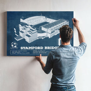Stamford Bridge Chelsea FC European Football Soccer Stadium Print framed in Vintage Black above a mid-century record console