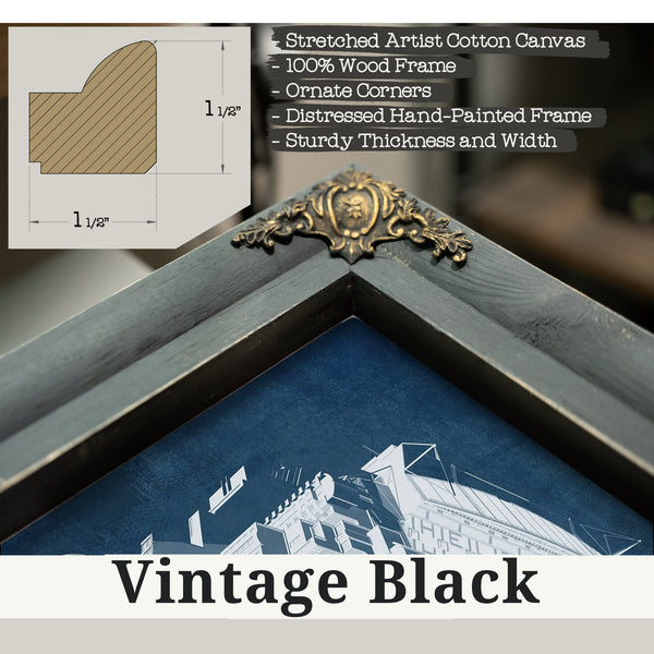 Vintage Black frame corner detail, 1.5 inch ornate wood moulding, Stamford Bridge Chelsea FC European Football Soccer Stadiu…