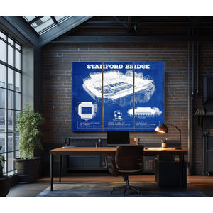 Stamford Bridge - Chelsea FC European Football Soccer Stadium Print as a 3 panel canvas wrap in an industrial loft office