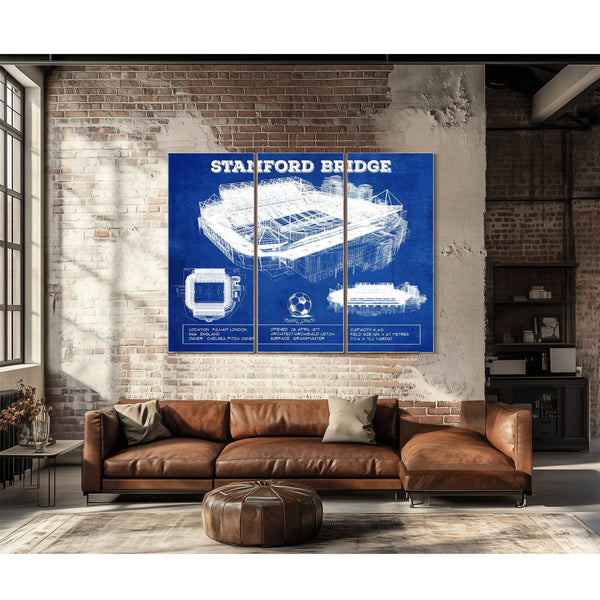 Stamford Bridge - Chelsea FC European Football Soccer Stadium Print as a 3 panel canvas wrap above a leather sofa
