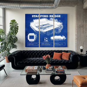 Stamford Bridge - Chelsea FC European Football Soccer Stadium Print as a 3 panel canvas wrap in a modern living room