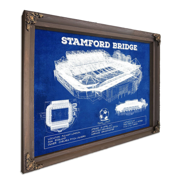 Stamford Bridge - Chelsea FC European Football Soccer Stadium Print in a Bourbon stained wood frame with antique gold corners
