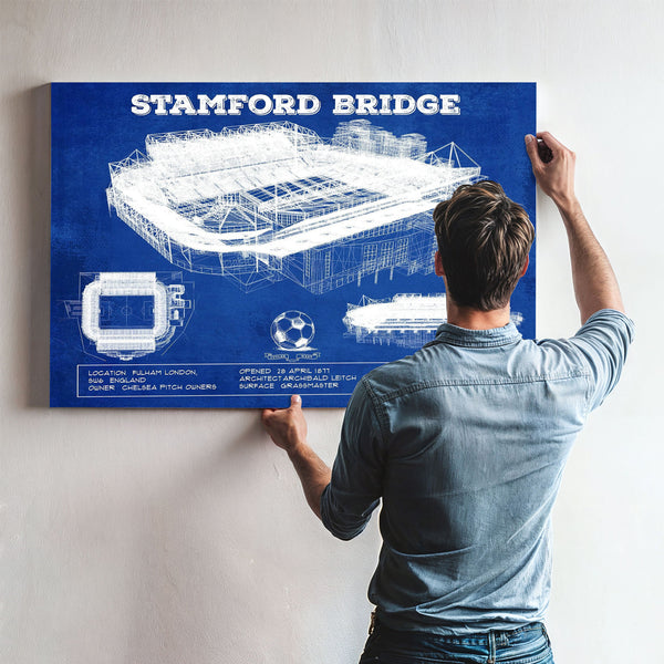 Stamford Bridge - Chelsea FC European Football Soccer Stadium Pri framed in Vintage Black above a mid-century record console…