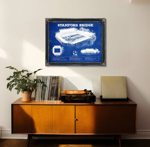 Stamford Bridge - Chelsea FC European Football Soccer Stadium Print framed in Vintage Black in a loft bedroom