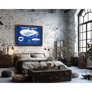 Stamford Bridge - Chelsea FC European Football Soccer Stadium Print framed in Vintage Black in a farmhouse entryway