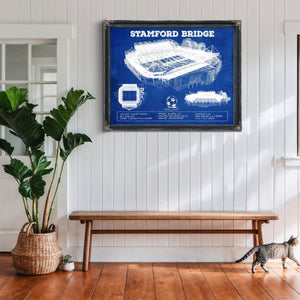 Stamford Bridge - Chelsea FC European Football Soccer Stadium Print framed in Vintage Black above a rustic console table