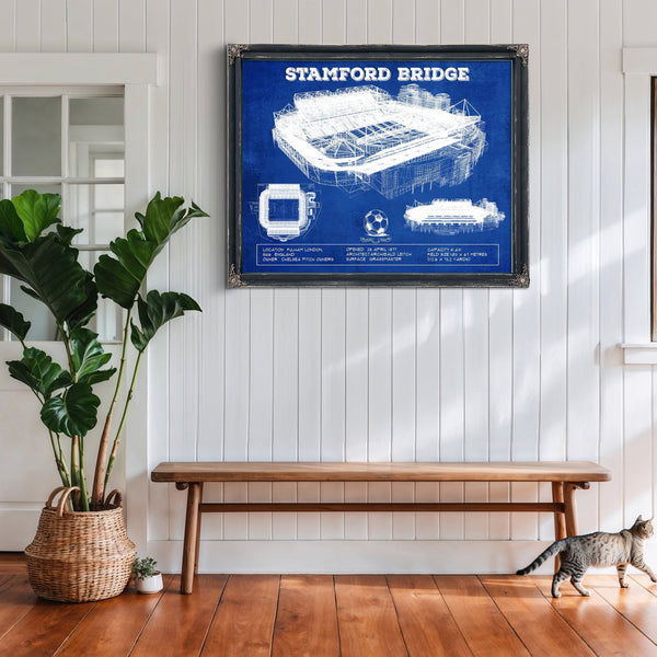 Stamford Bridge - Chelsea FC European Football Soccer Stadium Print framed in Vintage Black above a rustic console table