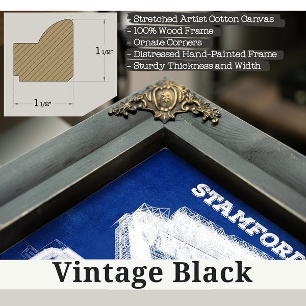 Vintage Black frame corner detail, 1.5 inch ornate wood moulding, Stamford Bridge - Chelsea FC European Football Soccer Stad…