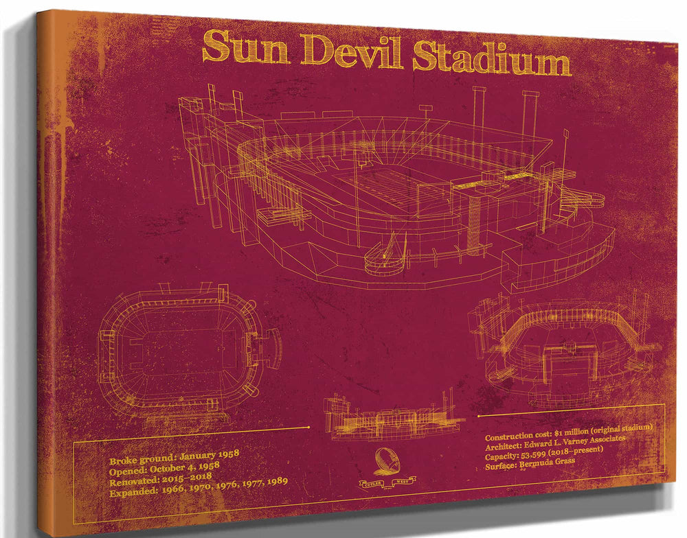 14" x 11" / Stretched Canvas Wrap Cutler West Sun Devil Stadium Wall Art - Vintage Arizona State Sun Devils Art