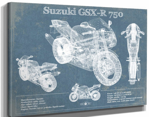 14" x 11" / Stretched Canvas Wrap Cutler West Suzuki GSX R750 Blueprint Motorcycle Patent Print