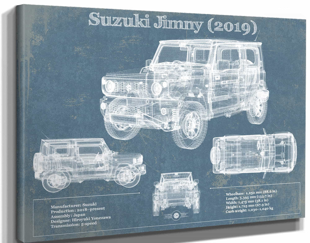 14" x 11" / Stretched Canvas Wrap Cutler West Suzuki Jimney 2019 Vintage Blueprint Auto Print
