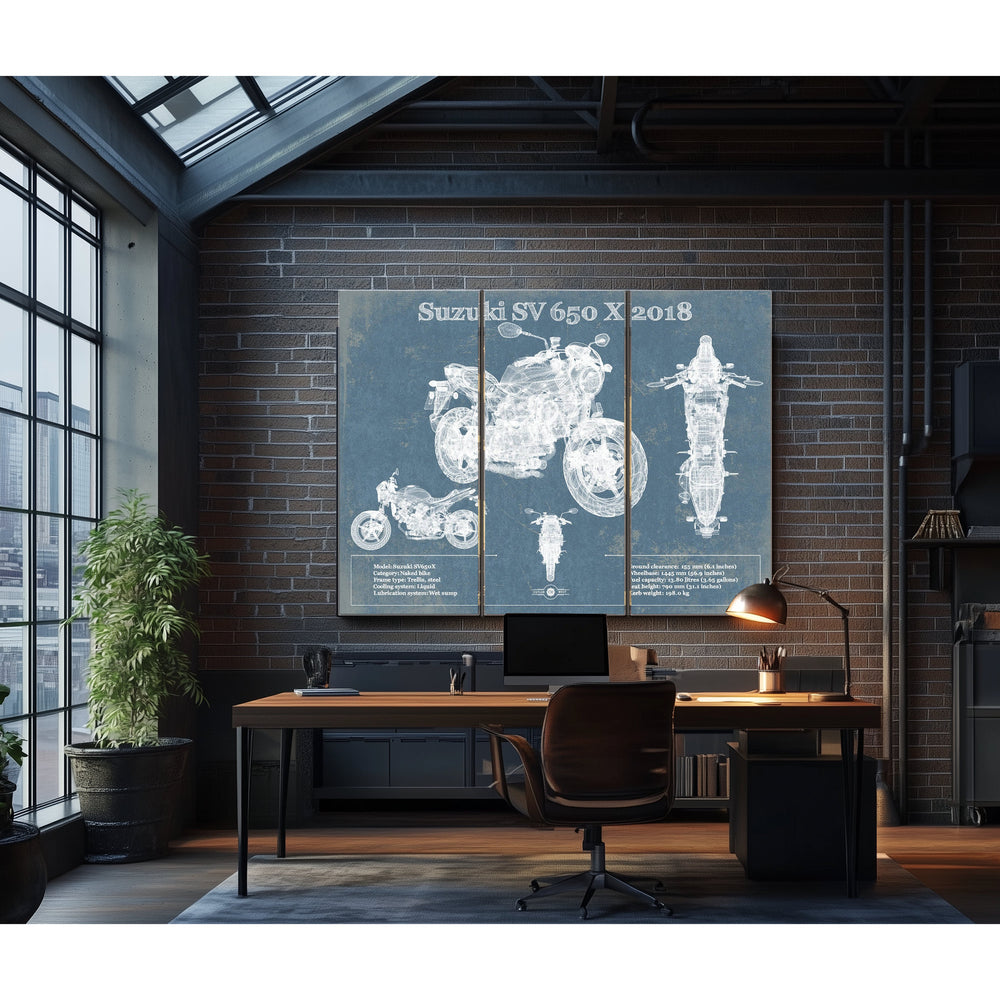 2018 Suzuki SV 650 X Print in a distressed Vintage Black wood frame with ornate corners