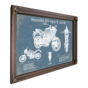 2018 Suzuki SV 650 X Print in a Bourbon stained wood frame with antique gold corners