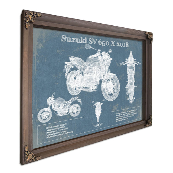 2018 Suzuki SV 650 X Print in a Bourbon stained wood frame with antique gold corners