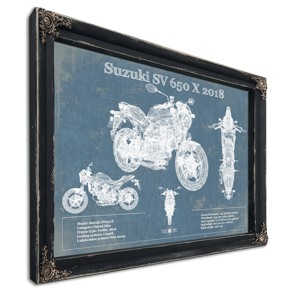 2018 Suzuki SV 650 X Print in a distressed Vintage Black wood frame with ornate corners