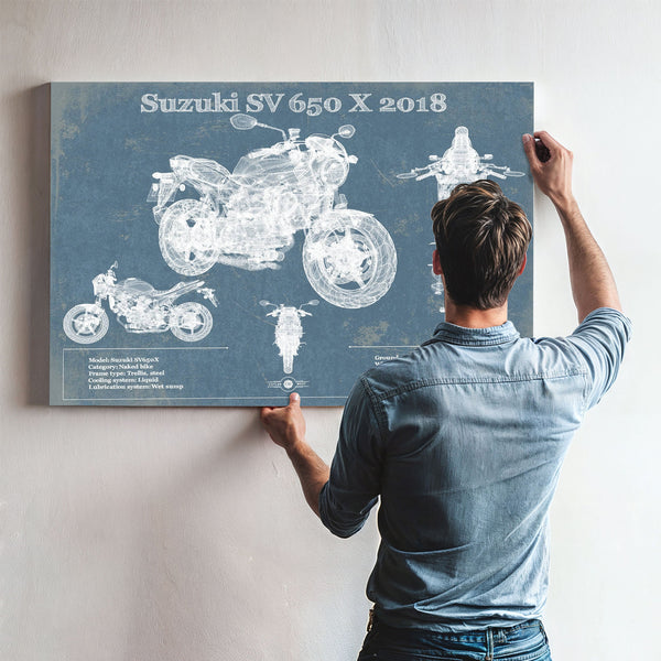 2018 Suzuki SV 650 X Print framed in Vintage Black above a mid-century record console