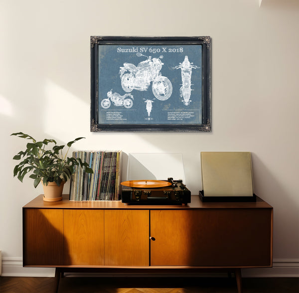 2018 Suzuki SV 650 X Print framed in Vintage Black in a loft bedroom