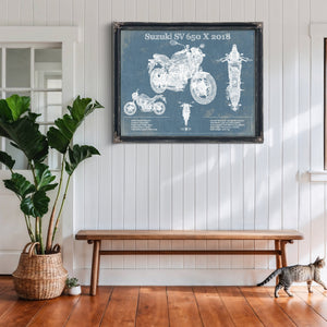 2018 Suzuki SV 650 X Print framed in Vintage Black above a rustic console table