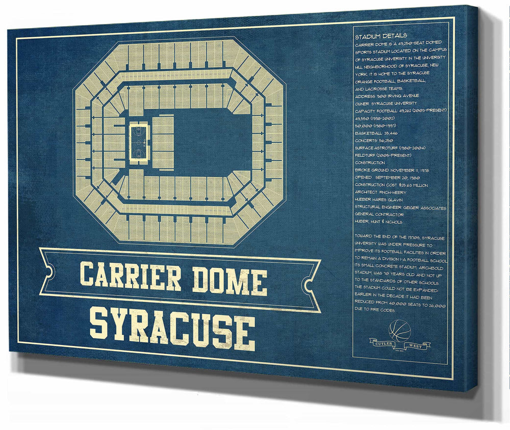 14" x 11" / Stretched Canvas Wrap Cutler West Syracuse Orange - Carrier Dome Seating Chart - College Basketball Blueprint Art