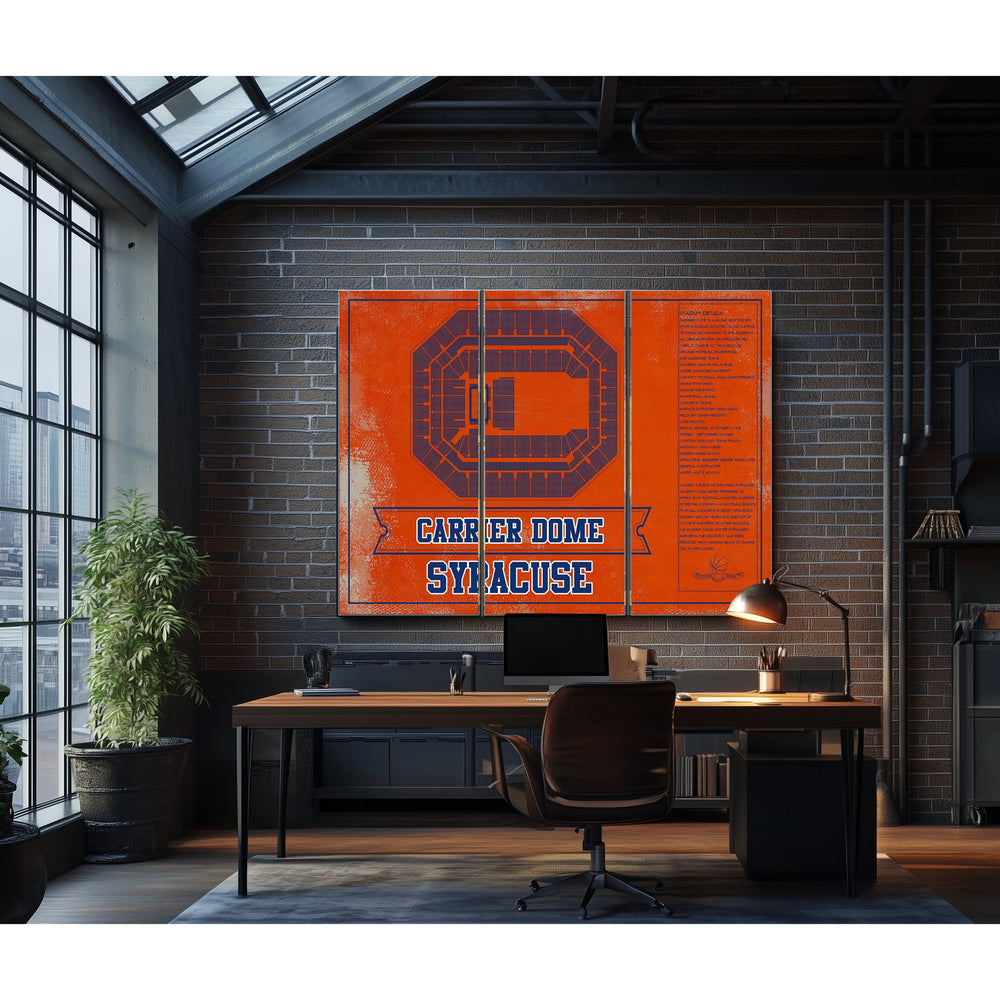 Syracuse Orange - Carrier Dome Seating Chart - College Print in a distressed Vintage Black wood frame with ornate corners
