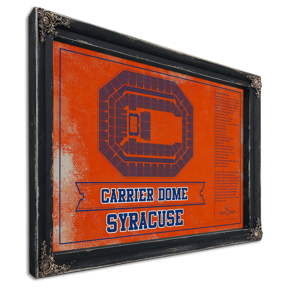Syracuse Orange - Carrier Dome Seating Chart - College Print in a distressed Vintage Black wood frame with ornate corners