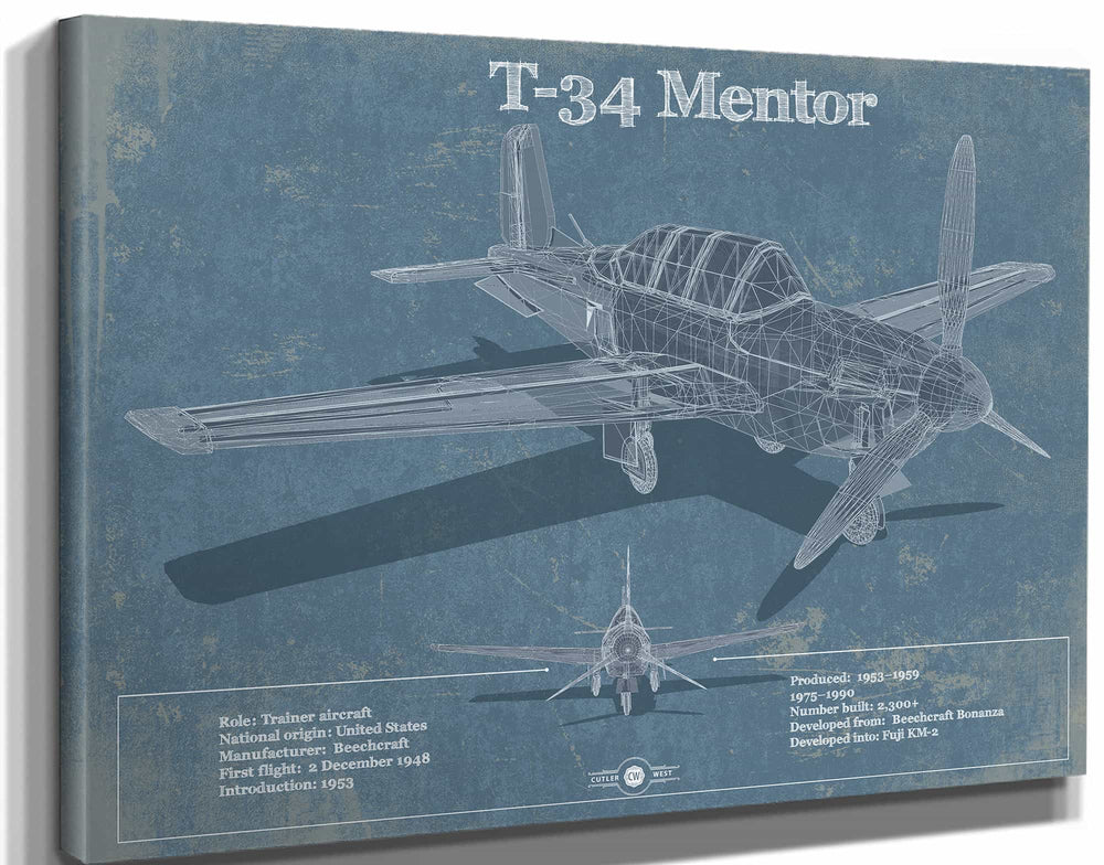 14" x 11" / Stretched Canvas Wrap Cutler West T-34 Mentor Aircraft Blueprint Original Military Wall Art