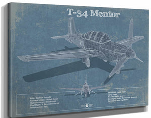 14" x 11" / Stretched Canvas Wrap Cutler West T-34 Mentor Aircraft Blueprint Original Military Wall Art