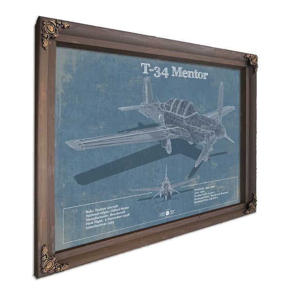 T-34 Mentor Blueprint Aircraft Print in a Bourbon stained wood frame with antique gold corners