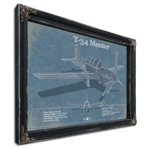 T-34 Mentor Blueprint Aircraft Print in a distressed Vintage Black wood frame with ornate corners