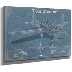T-34 Mentor Blueprint Aircraft Print as a stretched canvas wrap with gallery wrapped edges