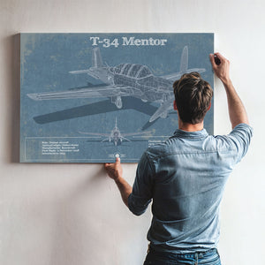T-34 Mentor Blueprint Aircraft Print framed in Vintage Black above a mid-century record console