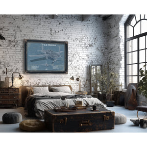 T-34 Mentor Blueprint Aircraft Print framed in Vintage Black in a farmhouse entryway