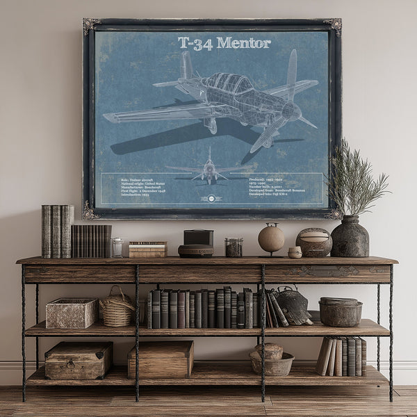 T-34 Mentor Blueprint Aircraft Print canvas print size guide 24x18 36x24 48x36 inches