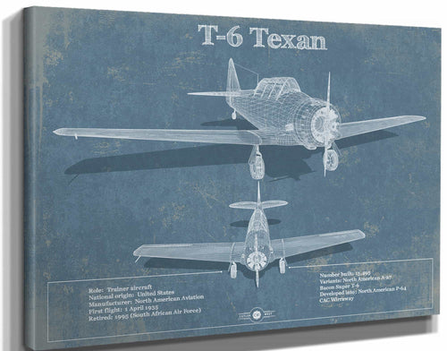 14" x 11" / Stretched Canvas Wrap Cutler West T-6 Texan Aircraft Blueprint Original Military Wall Art