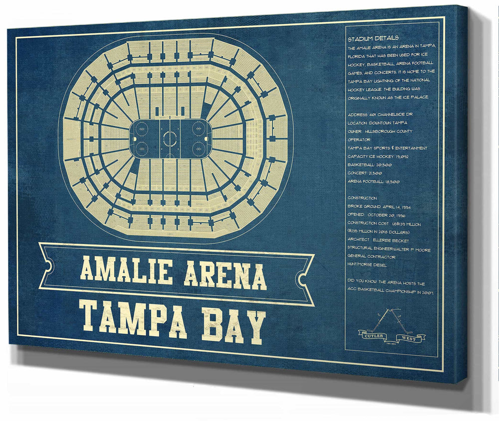 14" x 11" / Stretched Canvas Wrap Cutler West Tampa Bay Lightning Amalie Arena Seating Chart - Vintage Hockey Print
